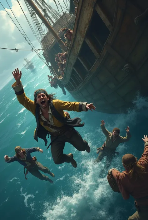 A view from the bottom : Pirates fall off the ship, the side of the ship. A sudden, free fall. They look like people who were deliberately shot down