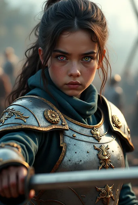 A strong girl with colorful eyes and a penetrating and intelligent look with a lot of hate in armor holding a sword