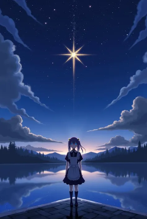 girl, located in the corner, looking at the sky, Alone, Mona (impacto de genshin),  choker,  hair between her eyes , Star (symbol),  long hair,  dark purple hair, twintails,  Blue Eyes,  glowing eyes , jewelry, witch,  maid , fringe, purple black dress, pu...