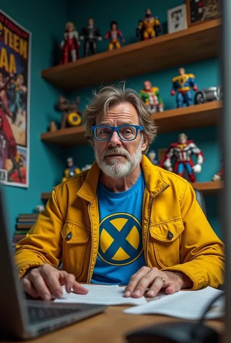  Make a man who is 45 years old messy brown hair , thin beard, blue glasses with lenses ,  dressed in a yellow jacket , blue shirt with the x-mens x ,  browsing the internet on a computer .  Around shelves with superhero figures and posters on the walls. 