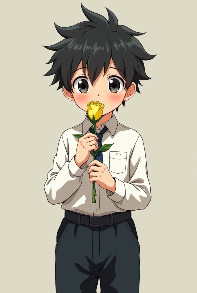 Create a male Anime Figure 3rd grader ,  wearing a white uniform and ugly fat black pants holding a yellow rose.