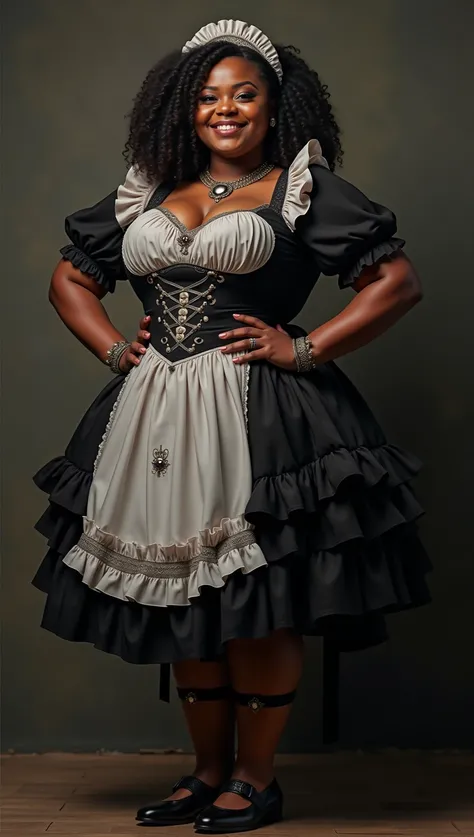 photorealistic full body photo of (plus size:1.2) maid, black girl,(art by Karol Bak:1.2), (elegant pose:1.5),(hands on hips:1.5),(little smiling:1.2) ,(realistic beautiful face:1.5),high quality,(curvy body:1.5),(Decolletage) ,((intricate detailed gothic ...