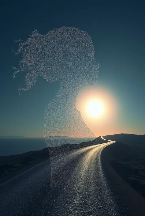 masterpiece, 1 female shaped silhouette:0.8, The silhouette is white, Shadows are at sea, Particles of light act as a single road, （Draw with extremely fine digital particles）、Outer space, camera angle: low angle shot, focus on the sun at the end of the ro...