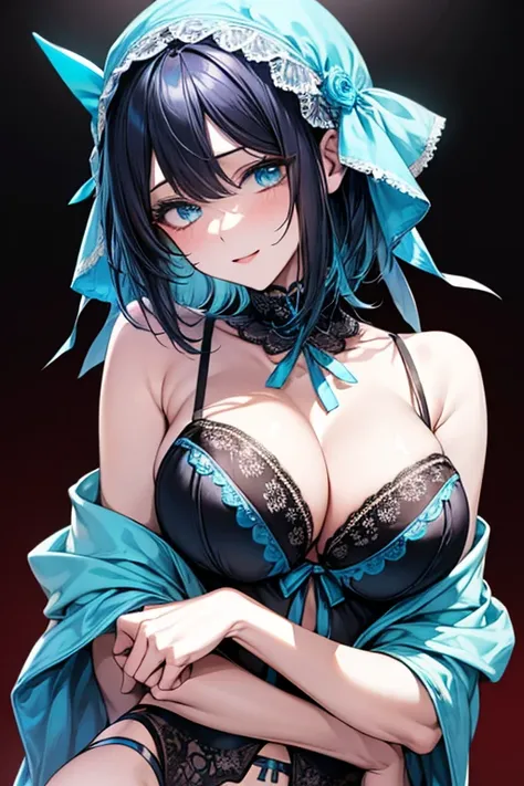 ((black hair 1.5)), blue eyes, masterpiece, best quality:1.2), 1girl, solo, laugh,masterpiece, best quality, in detail,cute, (split), whole body, (((cyan sexy lingerie))) ,sexy, (Beautiful breast), (beautiful body),large breast, Very detailed、highest quali...