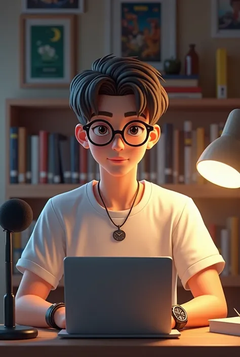 A boy with brown hair wearing glasses, age about 21 years, white color T shirt, watch on his hand, A pendant around the neck laptop and mic in front of him, books in front of him and movie posters in the background. The view of the image should be straight...