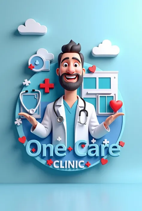 Create a 3D logo portrait showing a stethoscope, a Red Cross a doctor and a hospital.
The logo should contain the words “One care clinic”