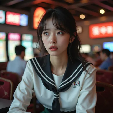 64k UHD Hyperrealistic full photography of  japanese beauty women, (bitting her lower lip while closing her eyes, furrowed her eyebrows, face facing upwards). white school uniform, black belt. white Modern casino background.