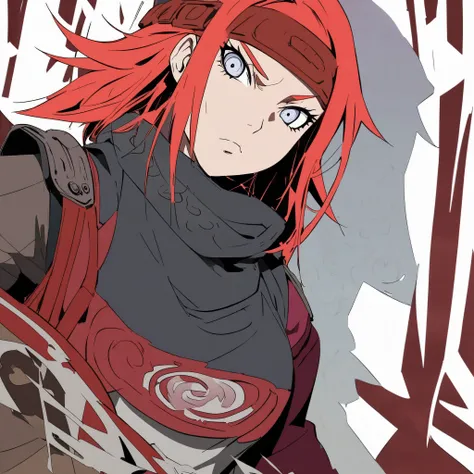 manga style Naruto/Boruto. A Shinobi girl with long red hair and white eyes.