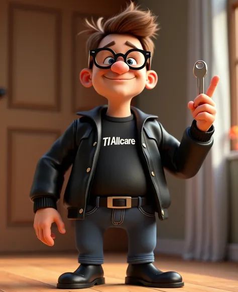  Cartoon character of a man wearing an open black jacket,  black dress shirt,  jeans, black belt, black dress shoes, smiling,  light brown hair , with tuft, smiling, with a house key in his right hand raised and his left hand pointing at the keys an animat...