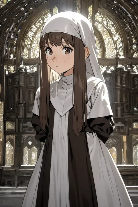 adult girl with short brown hair , brown eyes,  with freckles around her nose and dressed as a good-looking nun in a temple in the woods