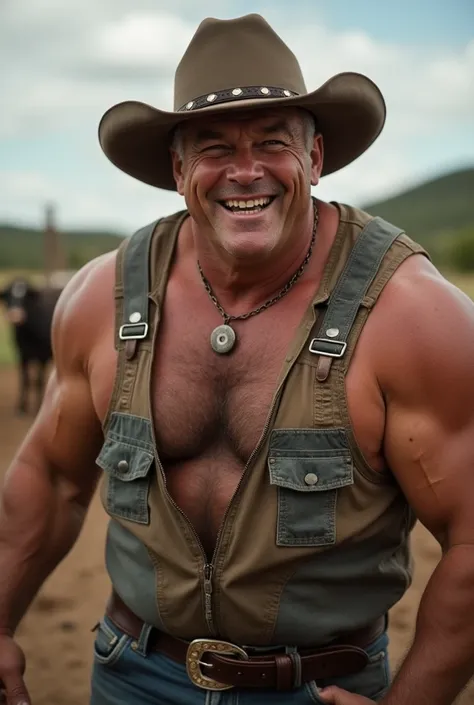 A candid image of a hunky, hefty, cowboy, in a farm, bent over, back view, smiling, posterior very close to camera