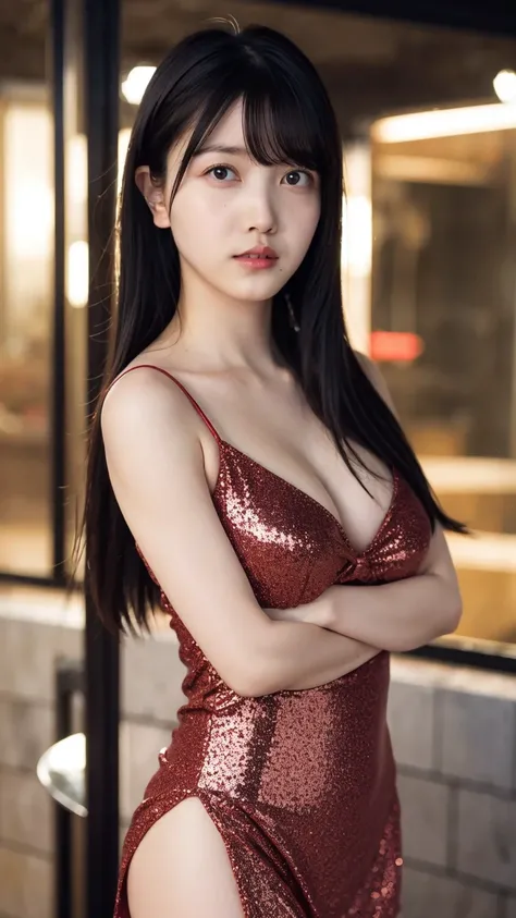 1girl,(wearing a red glittery evening mini dress:1.2),(RAW photo, best quality), (realistic, photo-realistic:1.4), masterpiece, an extremely delicate and beautiful, extremely detailed, 2k wallpaper, Amazing, finely detail, extremely detailed CG unity 8k wa...