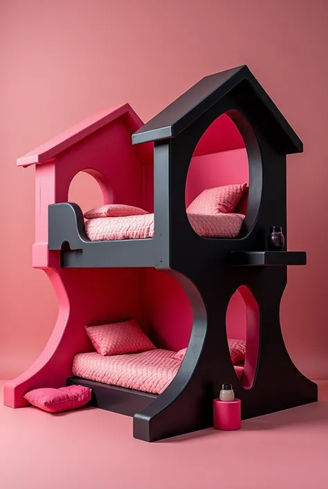 2-story bed painted red, hot pink and black