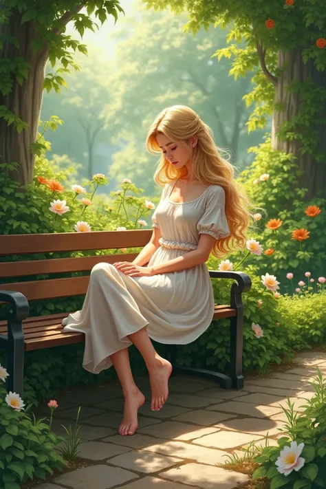 A  blonde sitting in a garden 
