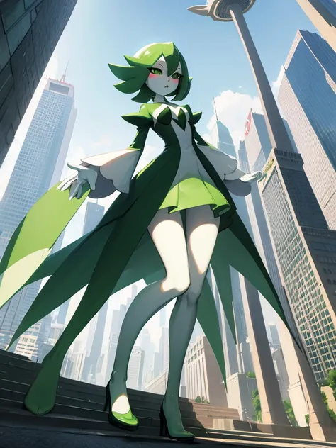 green legs, full body shot, gardevoir, pokemon, macro, giantess, low angle, paws, stand, look down, half-squinted eyes, city, girl, thin, young