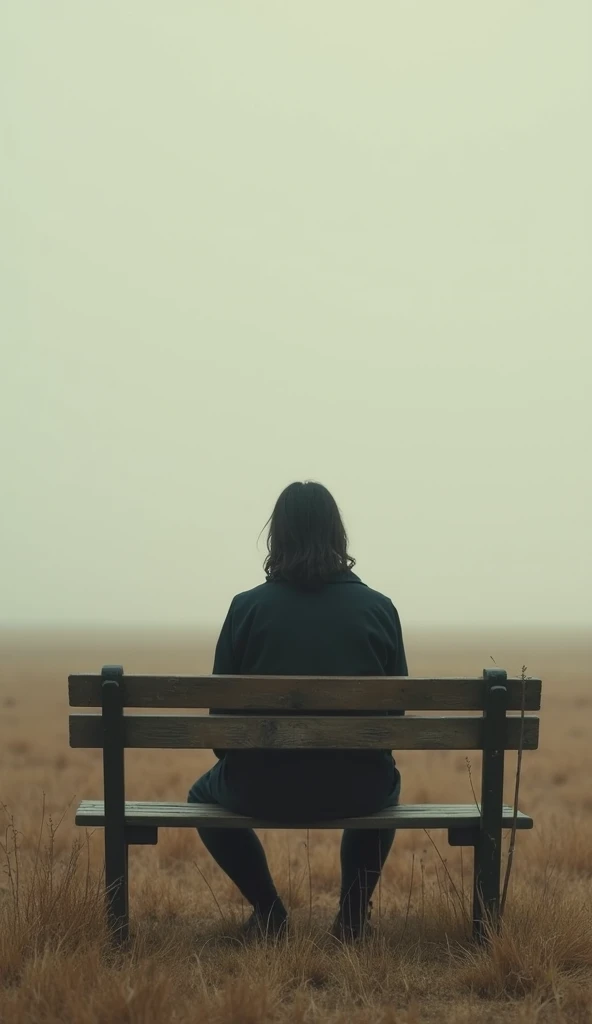 A person sits on an empty bench in a vast field, surrounded by emptiness, looking at the horizon.