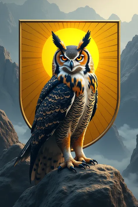  I need a topaz yellow crest with white gold rim and an eagle owl as a heraldic animal, Which is in the coat of arms. It is made in Scandinavian style  