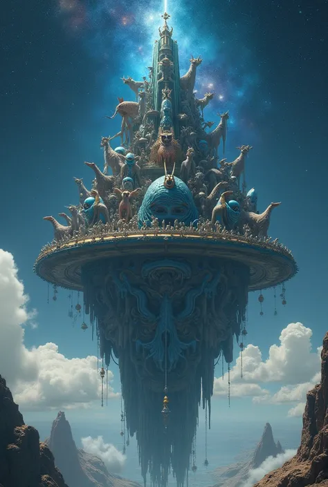  Image A giant tower floating in outer space with aliens of different types on top of it,  some with feline heads , others blue bodies ,  and other more traditional aliens ,  even one that looks like a dolphin . 4K, HD 