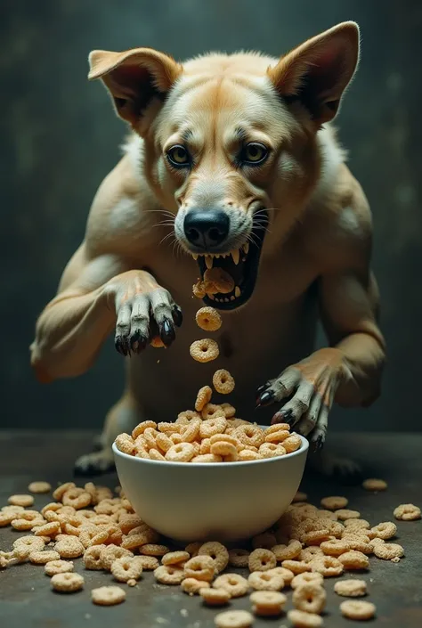 Generate the image of a dog with a human body eating cereal in an obscure piece, Let it be disturbing and the dog is seen hitting 