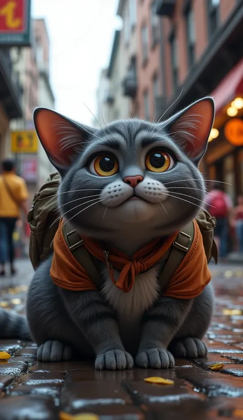 The gray and fat cat asks for money on the streets with his backpack on his back and tears in his eyes