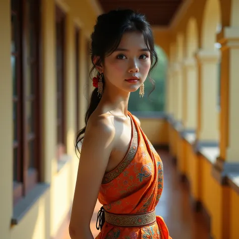 A beautiful girl wearing Myanmar thamee longi and leaning against school corridoor.
