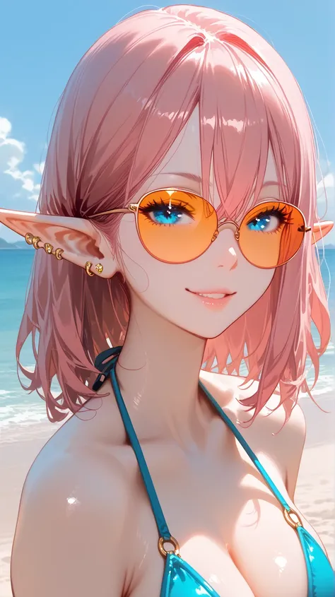 1girl, HD, High Quality, Accurate, Best Quality, Pink Hair, Hair Between Eyes, Hair Behind Ear, medium hair,elf ears,bleu eyes,Naughty Face, small, bikini,light blush, piercing ears,sun glasses,top body on picture,silver necklese, in beach