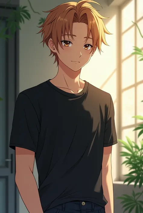 Very handsome college student, 20 years old, 1st grade, handsome, very very light brownish orangish hair, slit eyed, black t-shirt with jeans, anime, closed eyes