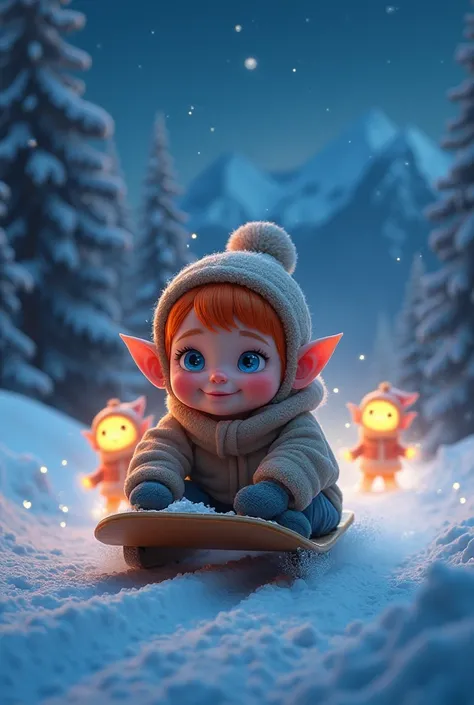 Un bébé trop chou roux avec des beaux yeux bleus qui fait de la luge sur une piste de ski éclairée car il fait nuit et des petits lutins lumineux pousse la luge 