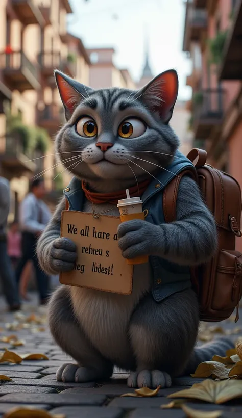 The gray and fat cat asks for money on the streets with a cup and a sign saying that he was expelled with his backpack on his back and tears in his eyes