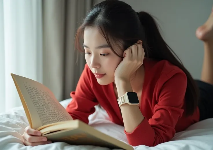  Asian girl, pink-white skin, pretty sharp appearance, long hair always in a ponytail, black, pretty hands, fingers and pretty slender nails came into the look. Red long-sleeved shirt, wore black pants. She was lying reading a travel book in a white bedroo...