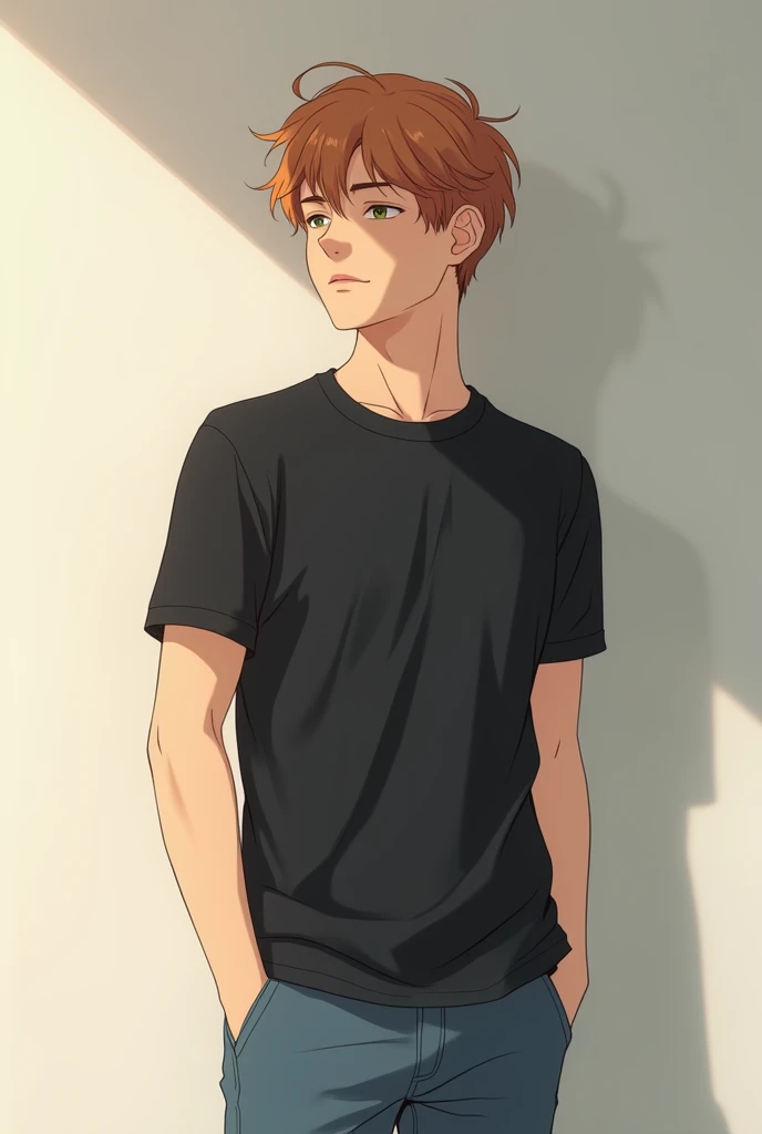 Very handsome college student, 20 years old, 1st grade, handsome, very very light brownish orangish hair, black t-shirt with jeans, anime, closed eyes, introverted