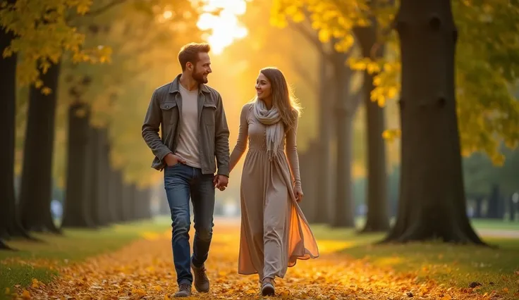 Setting: A park with tall green trees, the sunlight of the sunset filtering through the leaves. The ground is covered with fallen yellow leaves.

Couple: The man is wearing a gray jacket and jeans; the woman is wearing a long beige dress and a light scarf....