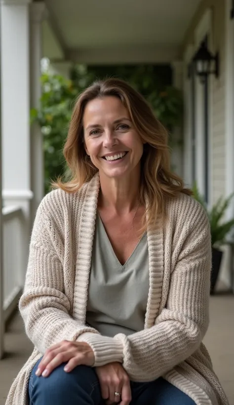 A 37-year-old woman in a long cardigan, sitting on a porch.