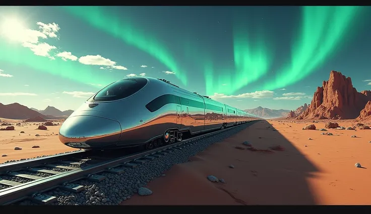 " Hyper-luxurious train in a futuristic desert setting ,  with polished steel rails and an aurora borealis in the background, creating a magical and impressive atmosphere ."