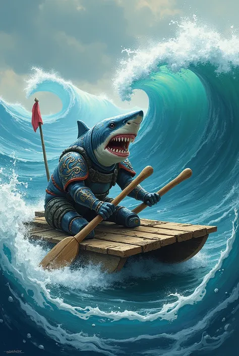 Artsy Shark on raft amongst waves(shark can have armour and paddle) (non realistic)

Create profile picture 