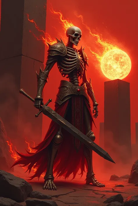 A skeleton in knightly armor covered in fire and red square holds a black sword with another rock holding a fireball