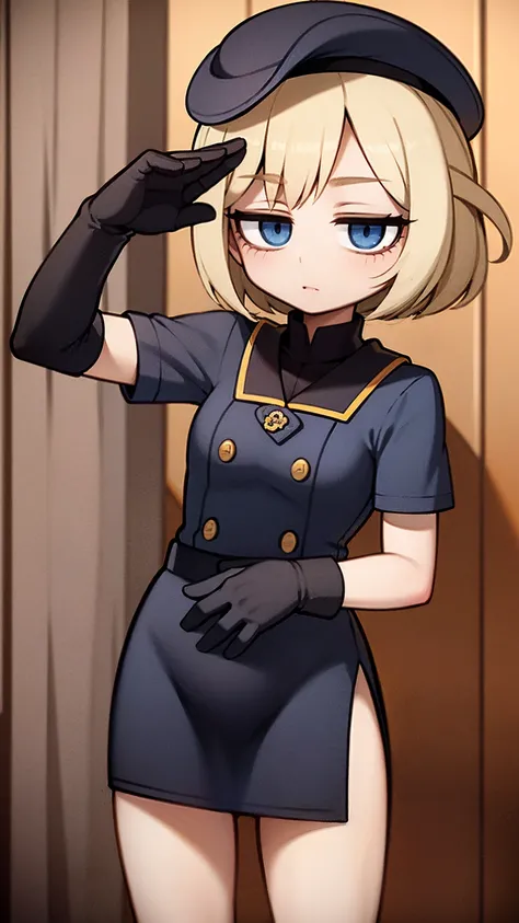 (  Masterpiece  、  top quality、  very detailed))、  mature woman 、  blond hair 、  shorthair 、  bob hair、 Blue Eyes、(( Smaller breasts))、((Navy blue military uniform、 Mini Skirt ))、((Small waist))、Thin thighs、 blush,  open your mouth wide ,  frowns,Full body...