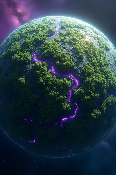 Create a green and yellow planet, full of forests, and violet rivers, viewed from space