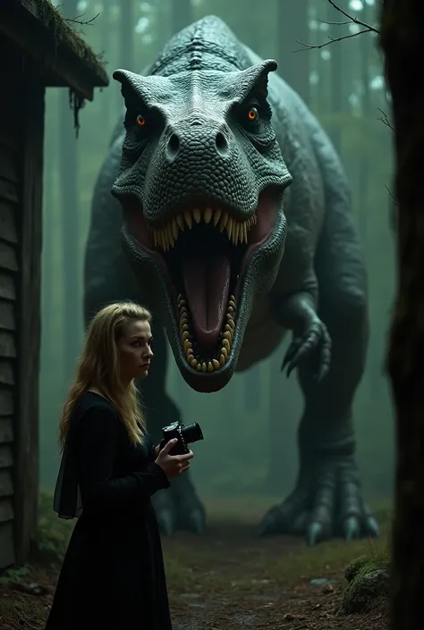 "Terrifying horror art of a full-bodied terrifying t-rex with sharp teeth, Set in a dark ambient forest cabin. The artwork showcases the eerie atmosphere of Polands cryptid folklore.", with laura dern actress with a vintage camera in her hand who is terrif...