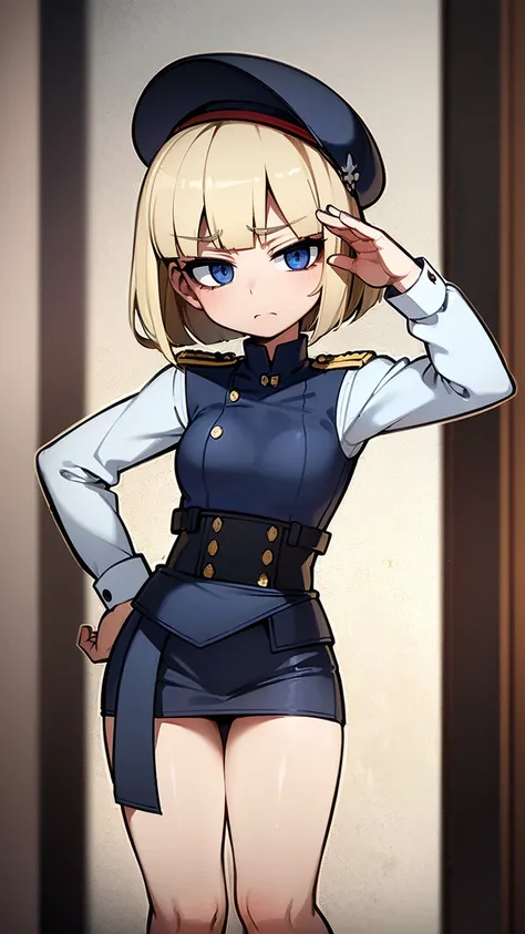 (  Masterpiece  、  top quality、  very detailed))、  mature woman 、  blond hair 、  shorthair 、  bob hair、 Blue Eyes、(( Smaller breasts))、((Navy blue military uniform、 Mini Skirt ))、((Small waist))、Thin thighs、 blush,  open your mouth wide ,  frowns,Full body...