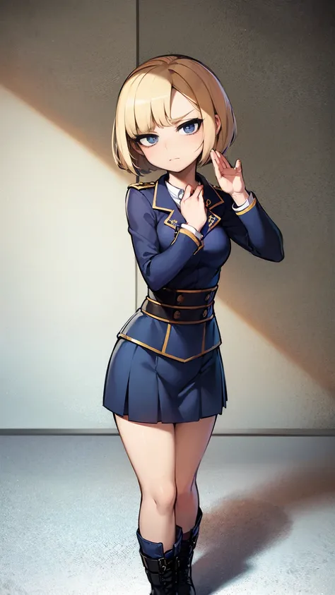 (  Masterpiece  、  top quality、  very detailed))、  mature woman 、  blond hair 、  shorthair 、  bob hair、 Blue Eyes、(( Smaller breasts))、((Navy blue military uniform、 Mini Skirt ))、((Small waist))、Thin thighs、 blush,  open your mouth wide ,  frowns,Full body...