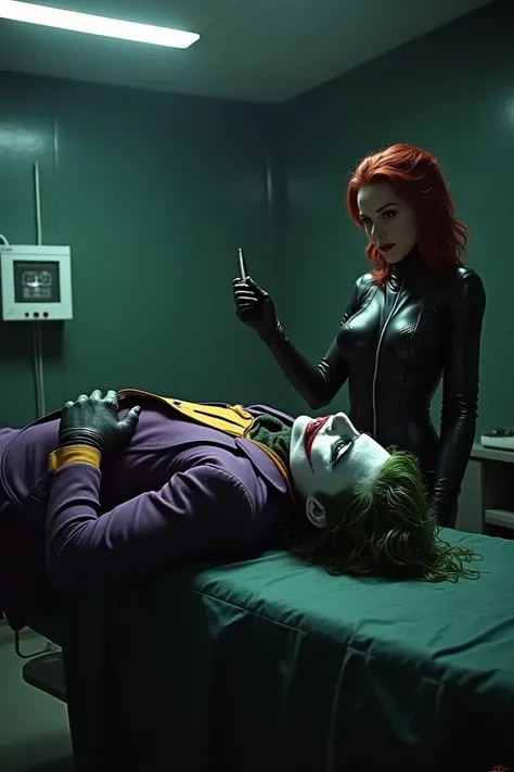 Create a photo of the joker lying on the operating table , The black widow standing next to her with a small knife smiling