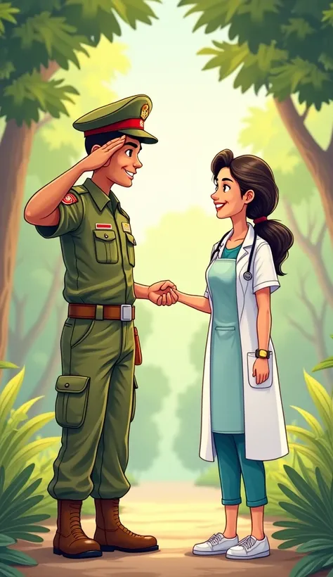 A cute cartoon indian army soldier, wearing cameoflage uniform  ,saluting to a cute beautiful doctor girl, wearing appron, morning time