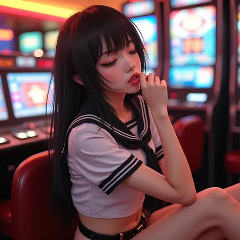 64k UHD Hyperrealistic full photography of  japanese beauty women, bitting her lower lip while closing her eyes, furrowed her eyebrows, face facing upwards, horny expression. white school uniform, black belt, short hotpants. white Modern casino background.