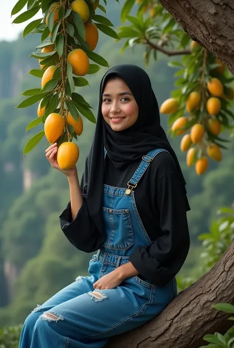 A beautiful woman in a long black hijab , written Vel Wee ",wearing a jeans overall dress, sitting on the top of the tree, face facing the camera smiling,holding many mangoes lifted up, the view of the cliff is gripping all around