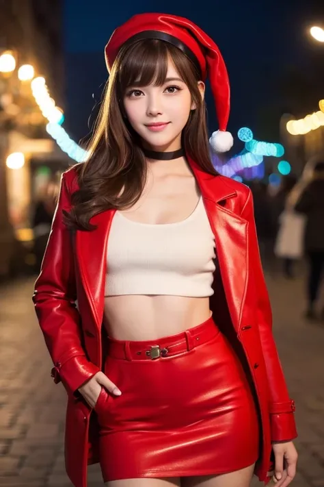 (simple red christmas costume,Red coat, boots,fake fur ,flare dress ,hat, choker),(超 high definition ,   Masterpiece  ,  anatomically correct, textured skin,  super detailed,  top quality,  high definition , 8k, bloom,  front light ), (  cute and sexy 18 y...