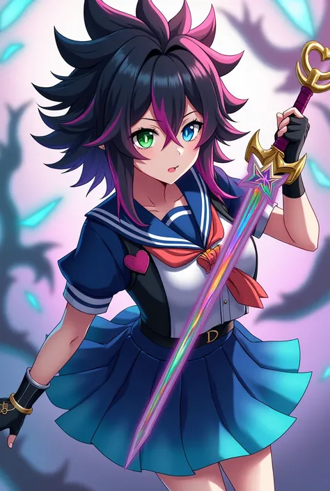 One with knee-length hair spiked in black with pink tips, fringe on the top of her hair has a pink heart, heterochromy eyes, one eye is a blue gradient and the other is a green gradient, she wears a hashira uniform just like Mitsuri from Kimetsu in Yaiba, ...