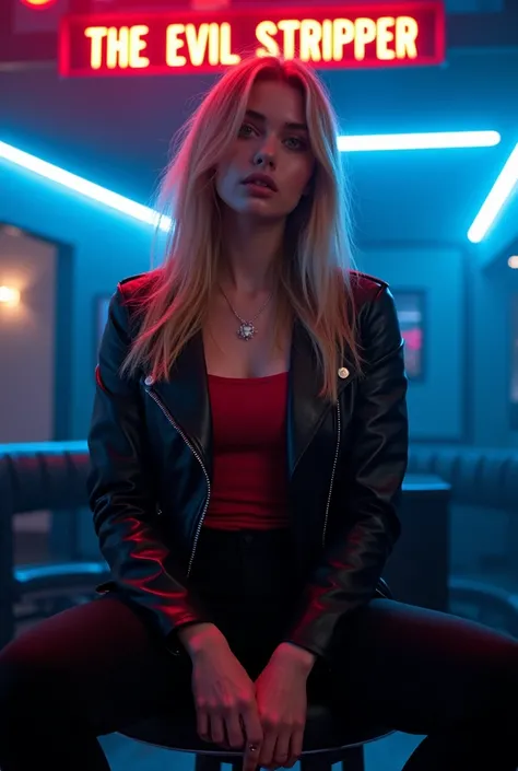  Betty copper for riverdale , long straight hair Blonde ,
 green eyes,  long eyelashes and natural makeup , 
 wears a black leather jacket with a / red top with long black pants  , t-shirt sitting on a chair in a modern nightclub room with blue LED lights ...