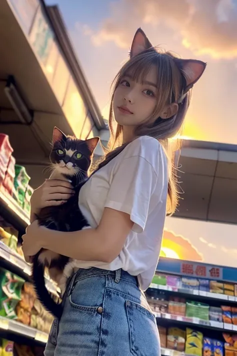 4K.  is high definition . (    Masterpiece    ,   top quality, ) ,Bokeh,   girl, ,  beautiful light brown hair ,   light brown eyes,   plump breasts,  Blushed, (cat ears:1.2), Colorful T-shirts,  (  Japanese Idols:1.6), (((Holding a cute cat))),    View, (...