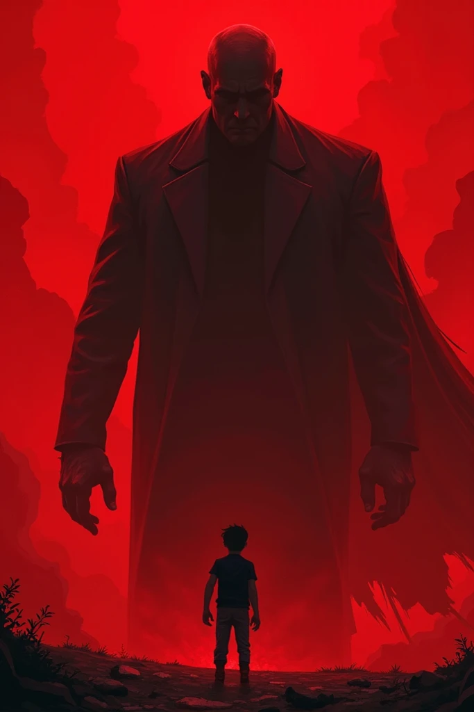 A large mans shadow hits a boys shoulder until it hurts. Red theme.